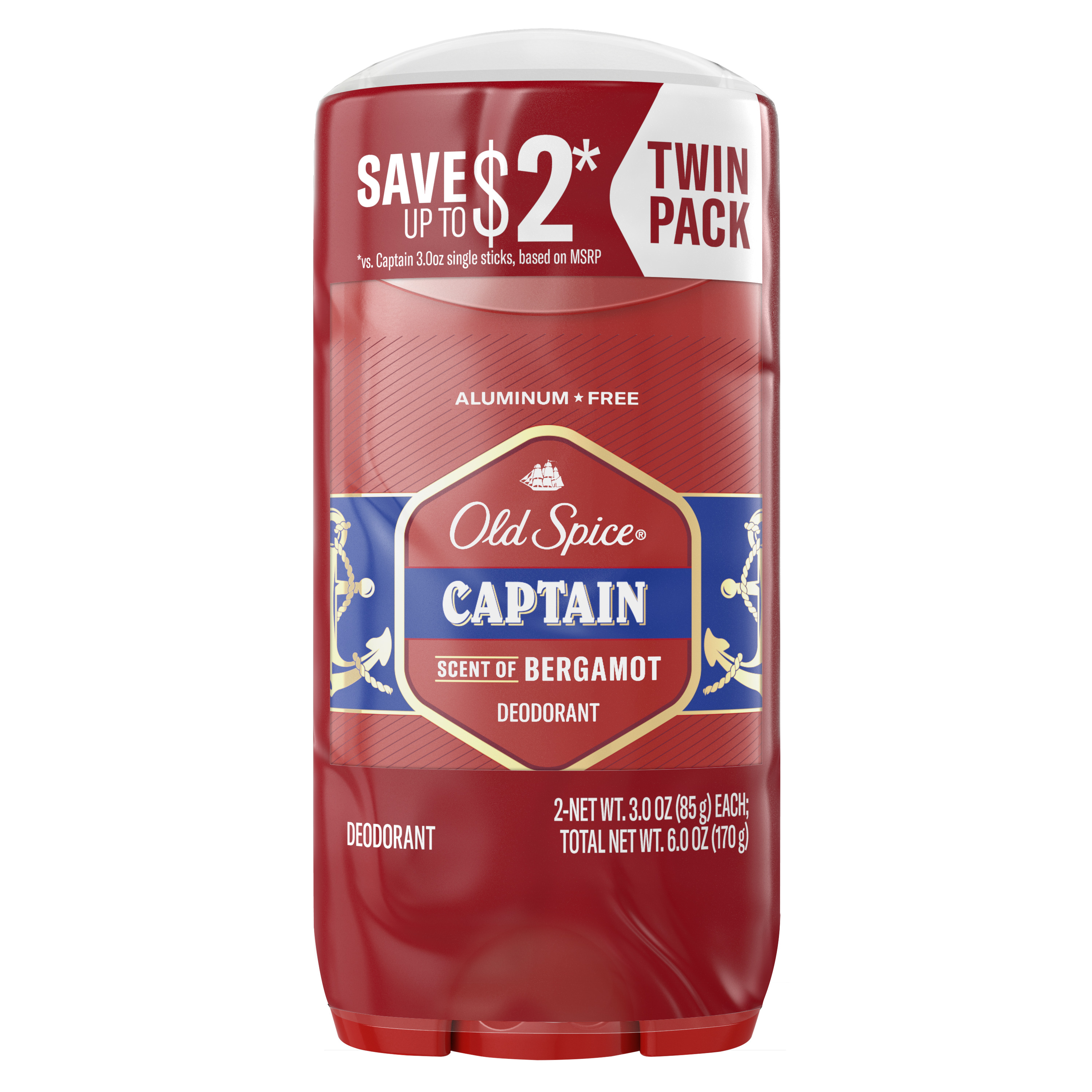 Old Spice Aluminum Free Deodorant for men, Captain 2x 3 Oz Twin