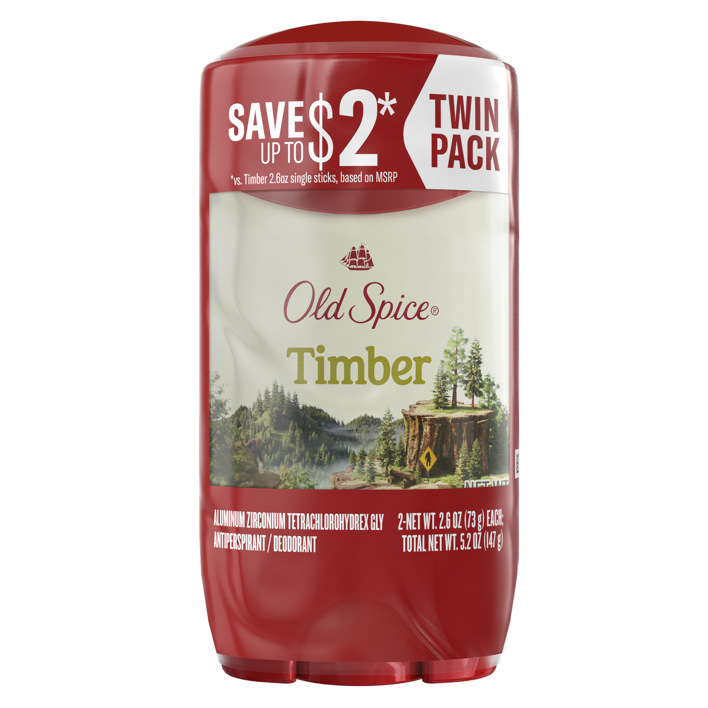 Old Spice Men's Antiperspirant and Deodorant, Timber with Sandalwood, Twin Pack, 2x 2.6 Oz