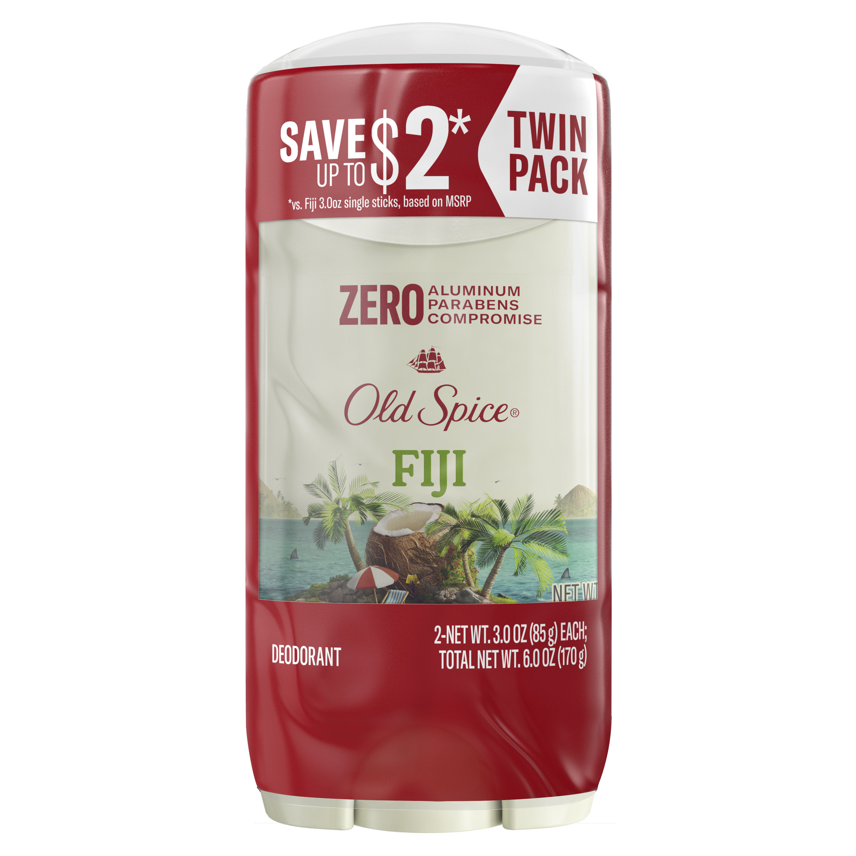 Old Spice Men's Aluminum Free Deodorant, Fiji with Palm Tree, Twin Pack, 2x 3 Oz