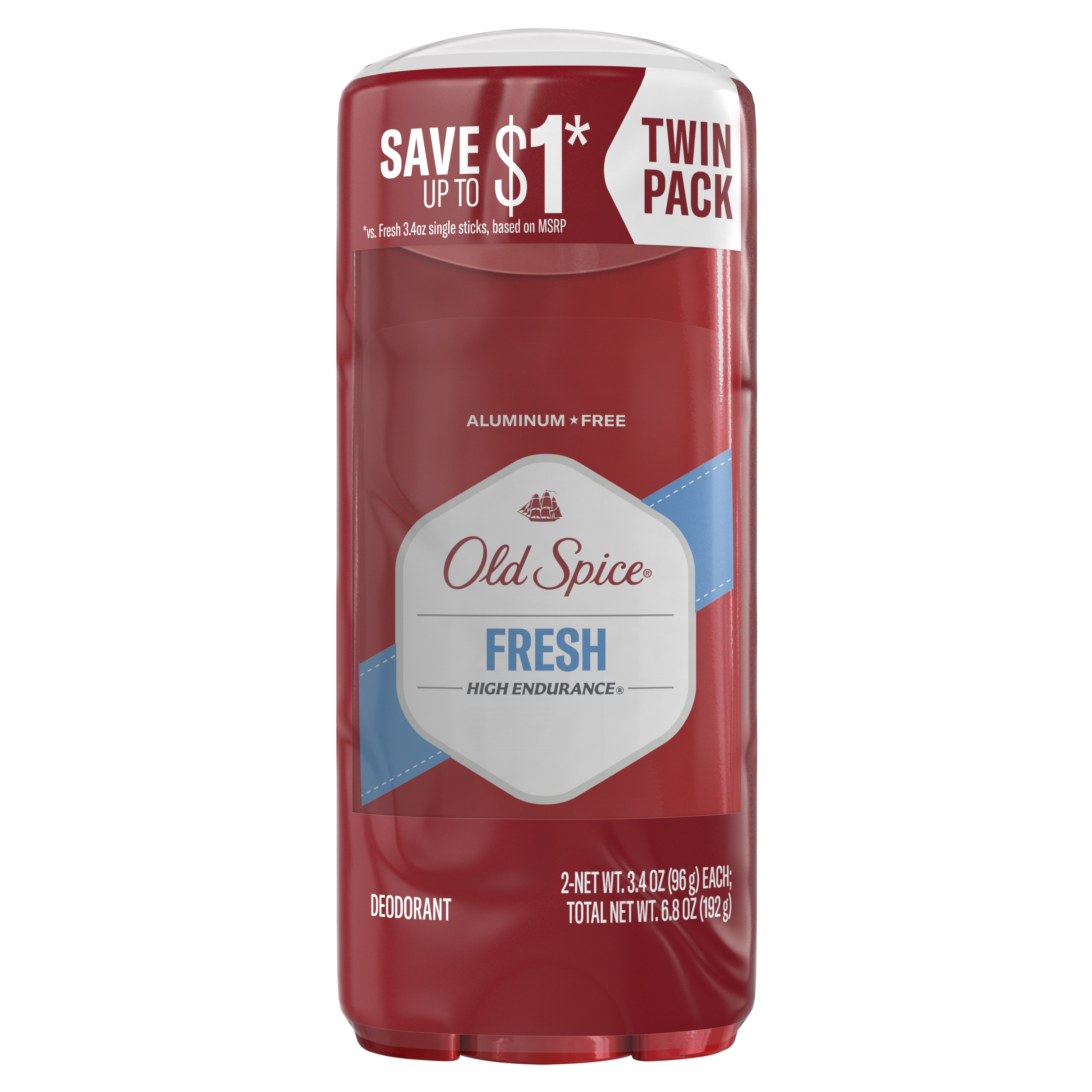 Old Spice Aluminum Free Deodorant for Men, High Endurance Fresh, 3.4 Oz, Twin pack
