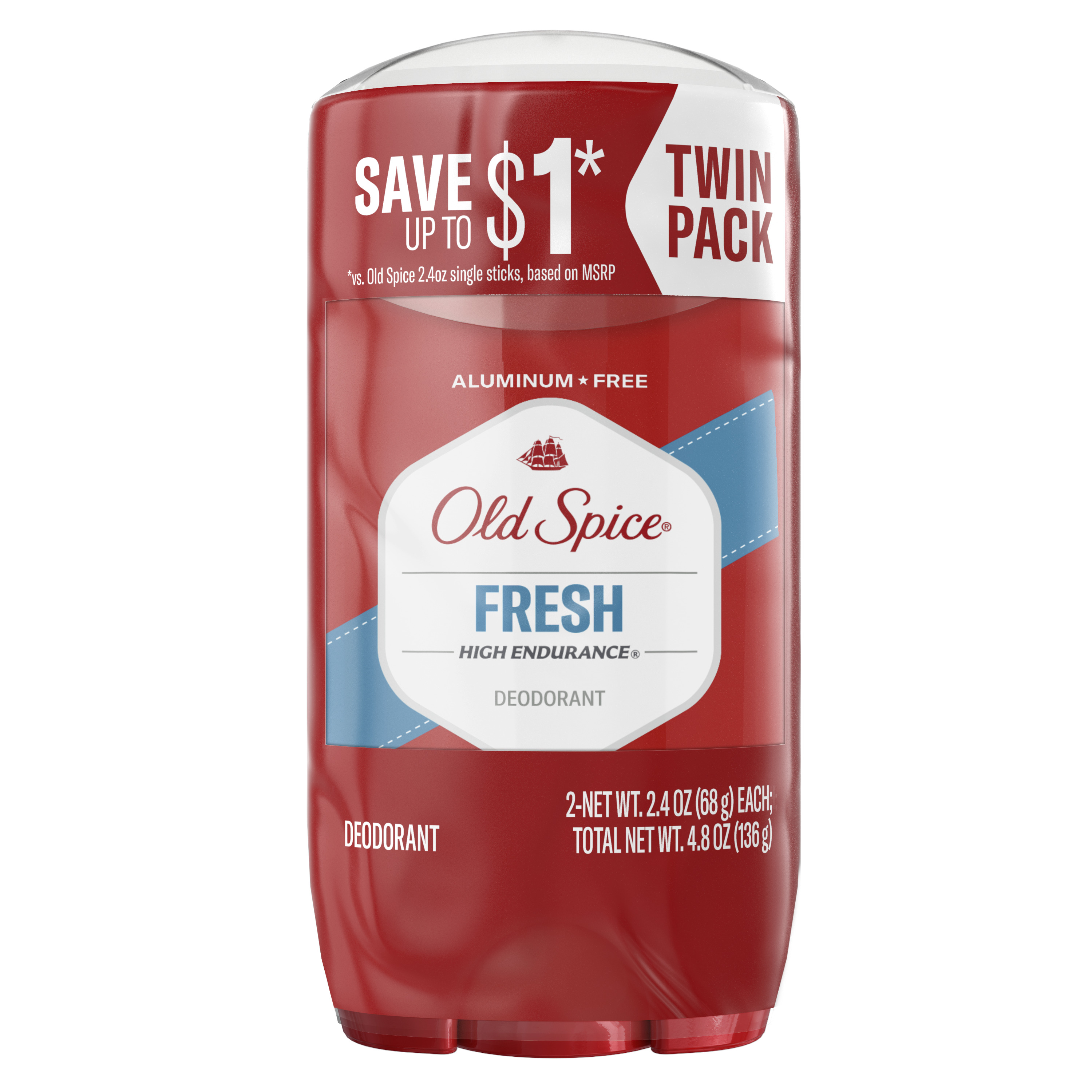 Old Spice High Endurance Deodorant for Men, Aluminum Free, Fresh Scent, 2.4 Oz Twin Pack