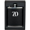 18th to 80th Birthday leather hip flask white stitching metal enamel look