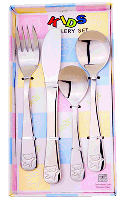 Set of 4 stainless steel baby cutlery with knife fork and 2 spoons