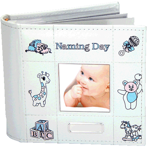 White leather naming day photo album with pink and blue baby decals and engravable space with photo window on cover