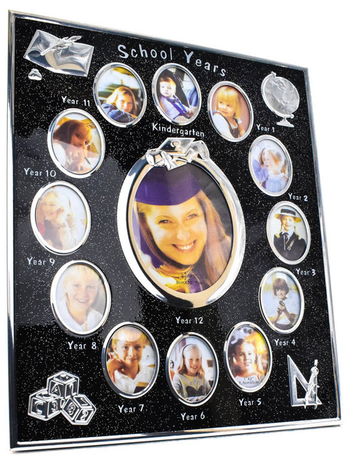 Black and silver glitterd school years photo frame collage, kindergarten to year 11 photo facility