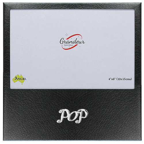 Dad or Pop theme black leather finish photo frame with metal enamel look embossed choose dad or pop sticker on picture frame holds 4x6 inch picture
