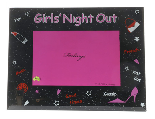Black and Pink glittered girls night out photo frame with red decals, holds 4x6 inch picture