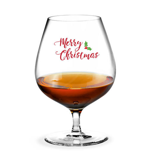 Marry Christmas and New Year Brandy glass single with Marry Christmas or New Year themed decal on glass holds 410ml