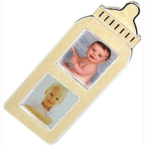 Enamelled babys bottle shape photo frame, holds two pictures