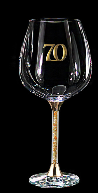 18th to 80th Birthday wine glass with gold leaf filled stem gold enamel look embossed