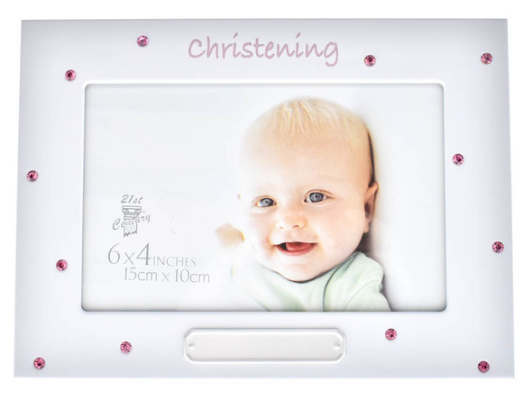 Crystal Christening Photo Frame - Elegant Pink Design for Girls