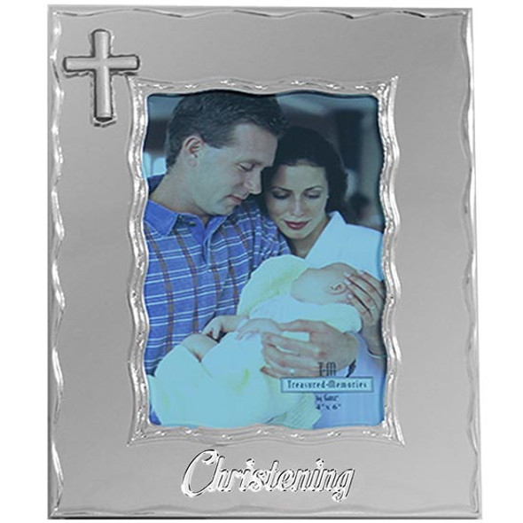 Chistening photo frame religious cross design metal enamel look