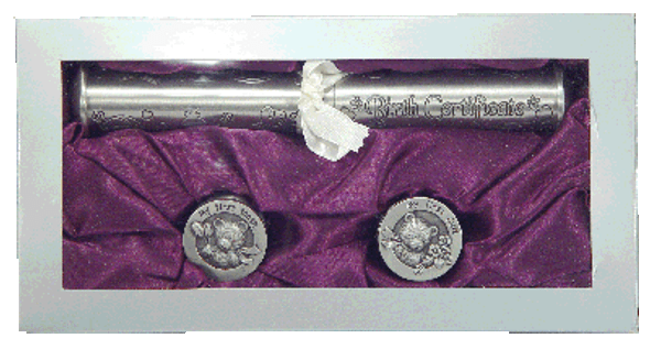 Certificate holder birth pewter engravable space tooth and curl gift box