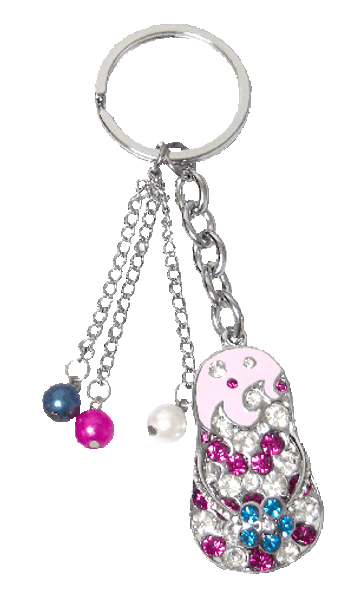 Silver slipper - thong shape keychain with pink blue silver crystal design