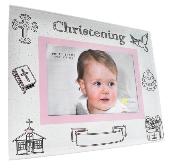 Pink glass christening photo frame for girls with engravable space
