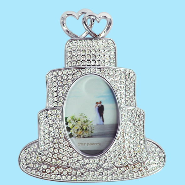 Wedding cake shaped photo frame with crystal design, holds 2x3 inch picture
