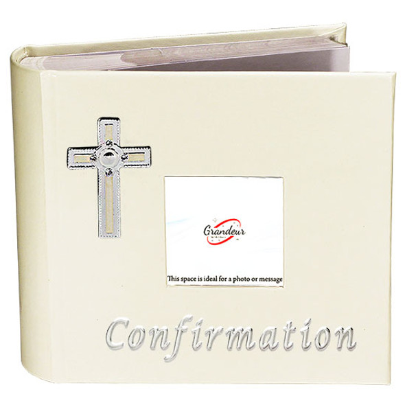 White photo album with photo space on front cover embossed confirmation