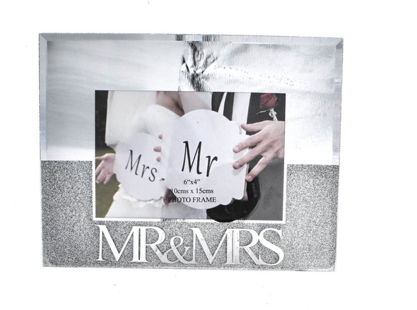 White and silver glass finish Mr & Mrs photo frame, holds 4x6 inch picture