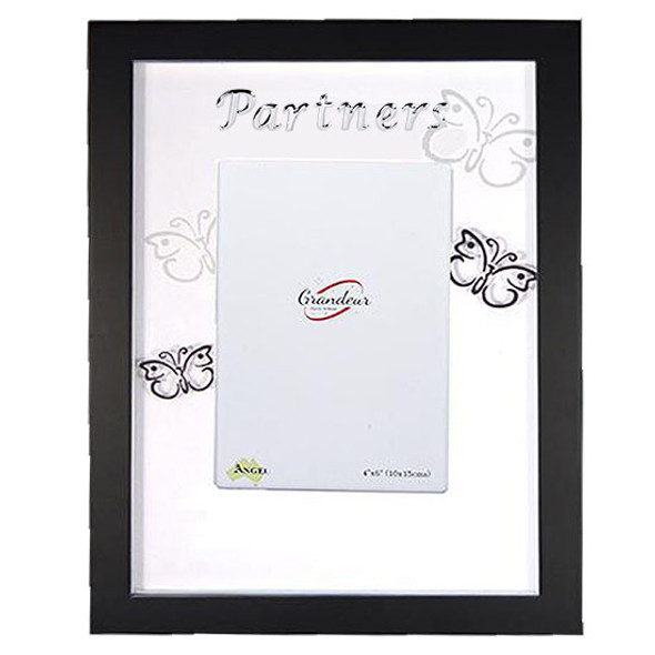 Partner's black wooden photo frame with butterfly design holds 4x6 inch picture