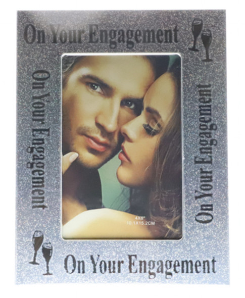 Silver engagement photo frame with black decals, holds 4x6 inch picture