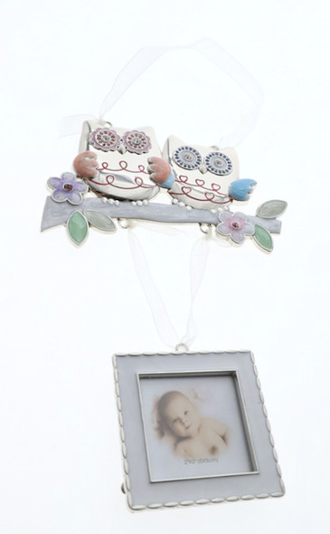 Pink and Blue enamelled owl theme photo frame, with wall hanging facility