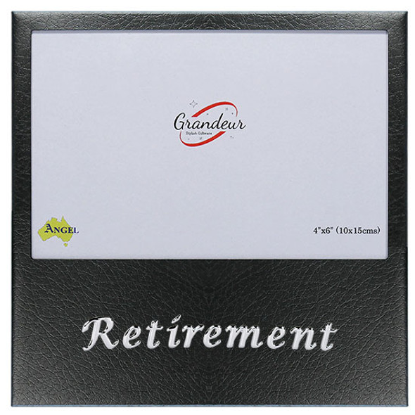 Retirement theme black leather finish photo frame with metal enamel look