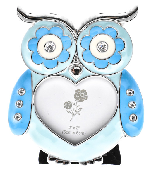 Blue enamelled owl shaped photo frame