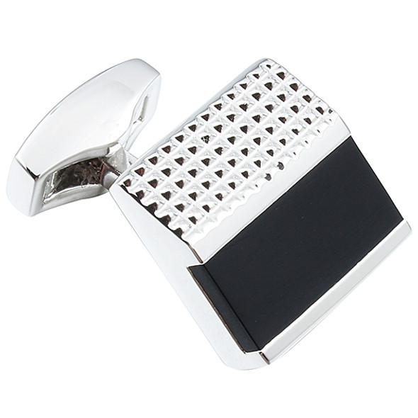 Silver rhodium square cuff links with black enamel design