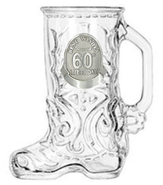 18th to 80th Birthday Libbey Glass Boot Beer Mug Silver Pewter Birthday Badge