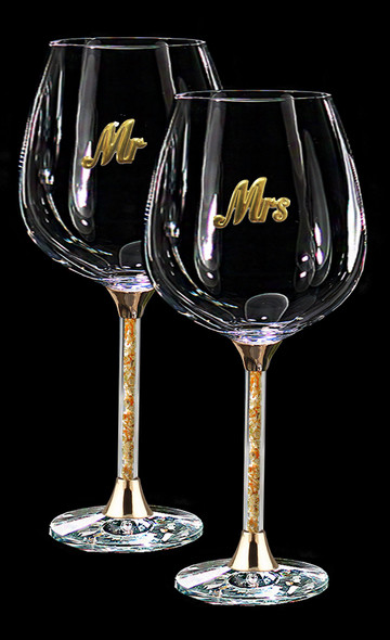 Pair of Wedding Wine glasses gold leaf filled stems Mr and Mrs enamel look