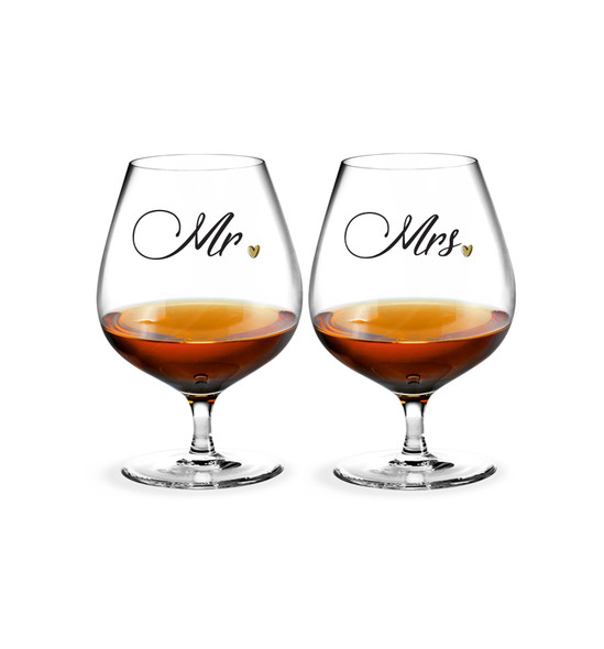 Wedding Pair of brandy glass Mr or Mrs with Black or Gold decal on brandy glass