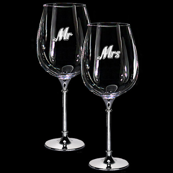 Mr & Mrs Pair of Wine glass crystal rings rhodium stem with enamel look