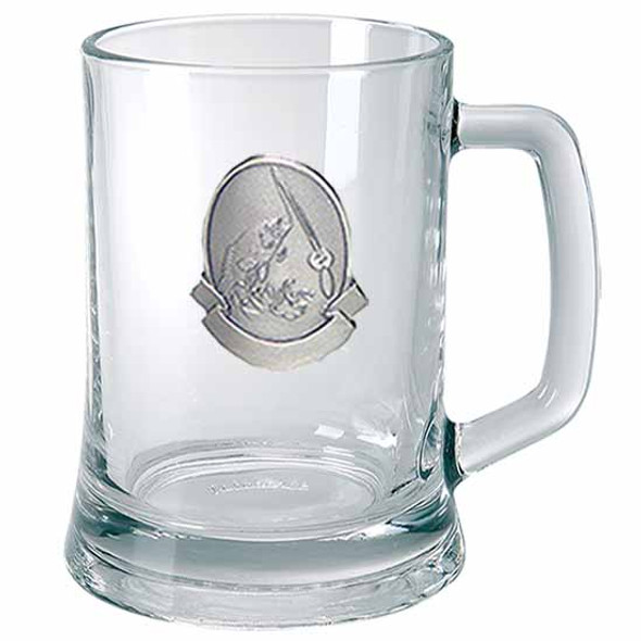 Sporting Glass Beer mug with silver Pewter with sporting themed badge on glass
