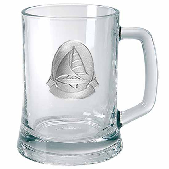 Sporting Glass Beer mug with silver Pewter with sporting themed badge on glass