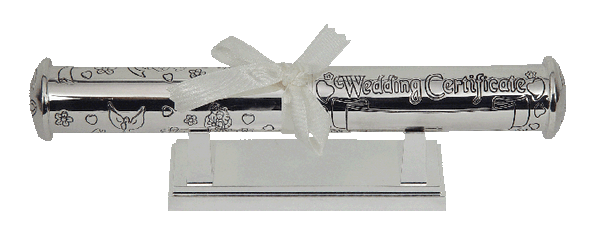 Silver plated shiny wedding certificate holder with stand and engravable space
