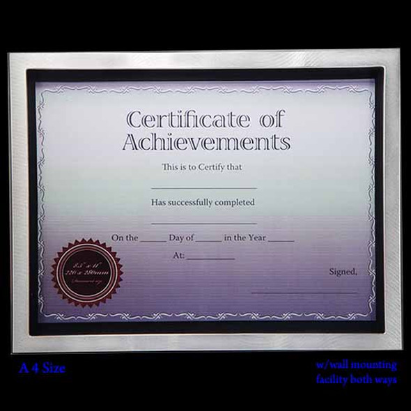 Silver certificate of achievement frame, holds A4 size document