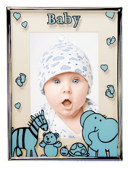 Blue animal print glass baby photo frame, holds 4x6 inch picture