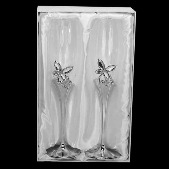 Pair of tall champagne flutes with butterfuly and floral design