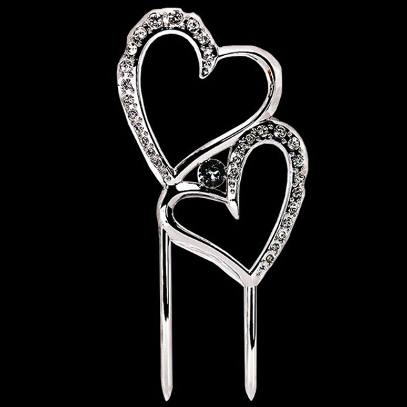 Silver cake topper with two hearts and crystal design