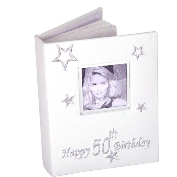 50th birthday white leather photo album with photo space engravable plaque