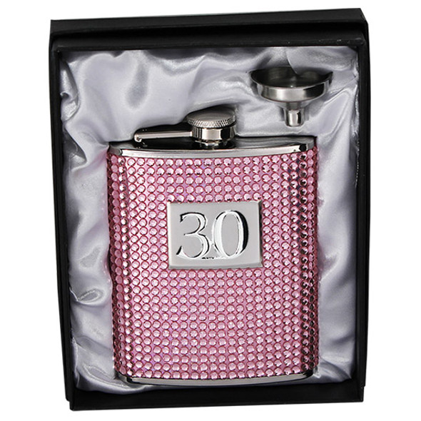 18th to 80th Birthday stainless steel hip flask pink crystal gems enamel look