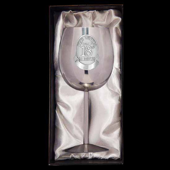 18th to 80th Birthday shiny mirror finish wine goblet with Pewter birthday badge