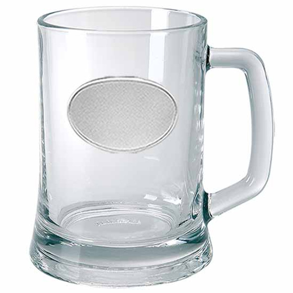 Wedding Glass beer mug with a Engravable Oval or rectangular Pewter Badge