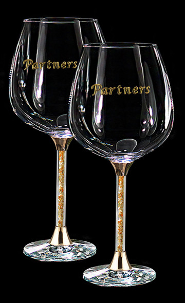 Pair of WeddingWine glasses gold leaf filled stems with Partner enamel look