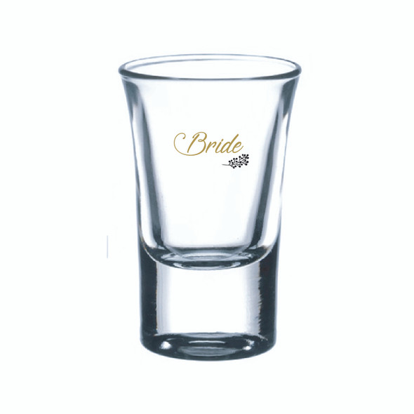 Wedding single Shot glass with Bride in Black or Gold decal on glass holds 34ml