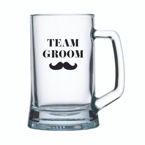 Wedding Glass beer mug with Team Groom or Team Bride in Black decal on glass