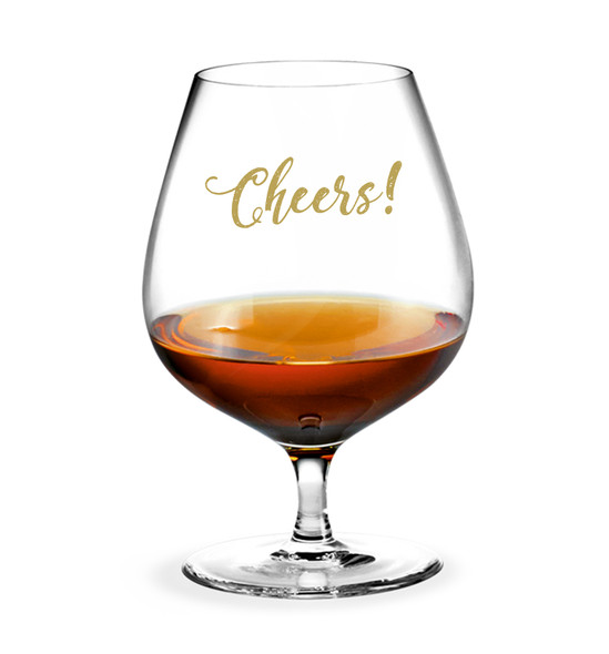 Wedding Single brandy glass with Cheers in Red or Gold decal on glass 410ml