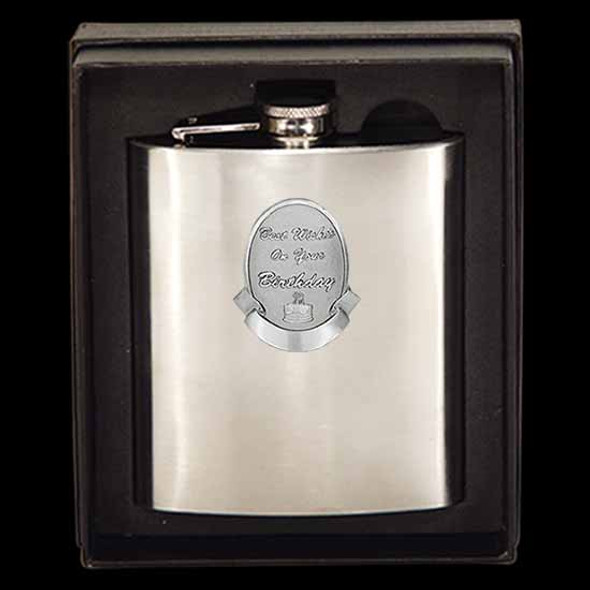 Best Wishes on your Birthday Hip flask Stainless steel with Pewter Silver badge