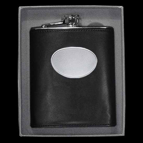 Hip flask leather covered stainless steel Oval or Rectangular Engravable badge