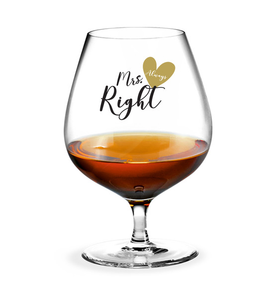 Mr Right or Mrs always right single brandy glasses black decals on glasses